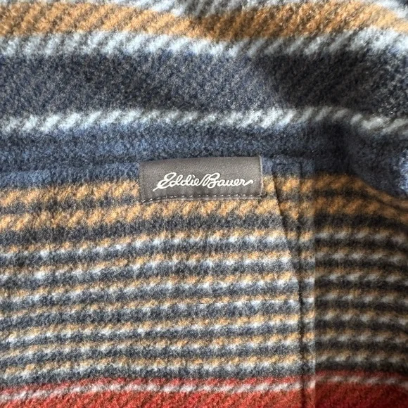 Eddie Bauer Fleece Button Down Shirt Jacket Outdoor Cozy Striped Blue Red Tan XL - Picture 8 of 8